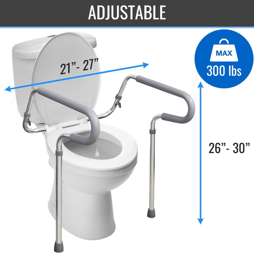 Adjustable toilet safety rail with measurement details on a white background
