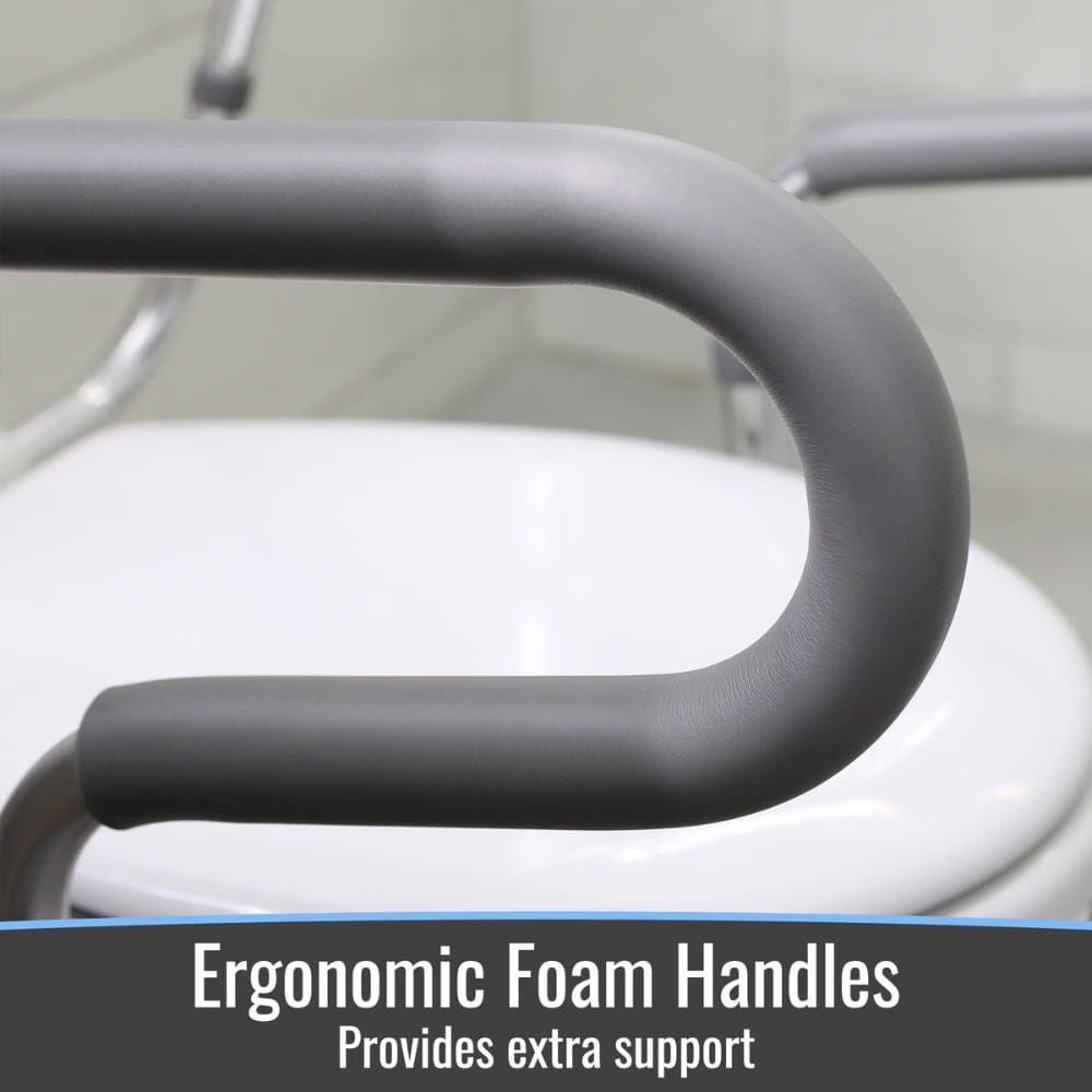 Ergonomic foam handles on a chair with text overlay