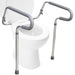 Toilet safety rail with gray handles attached to a white toilet on a white background
