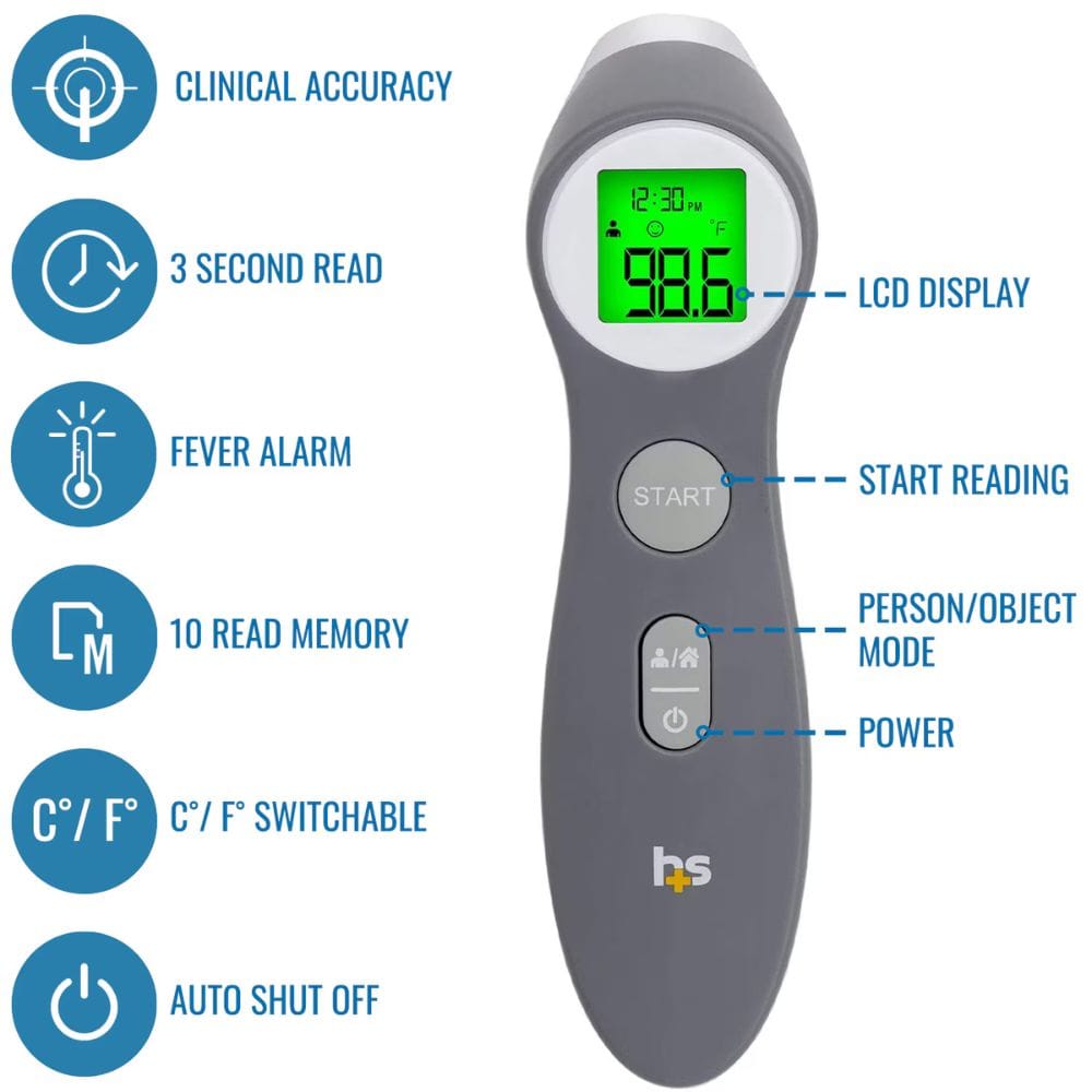 Digital thermometer with features listed on a white background