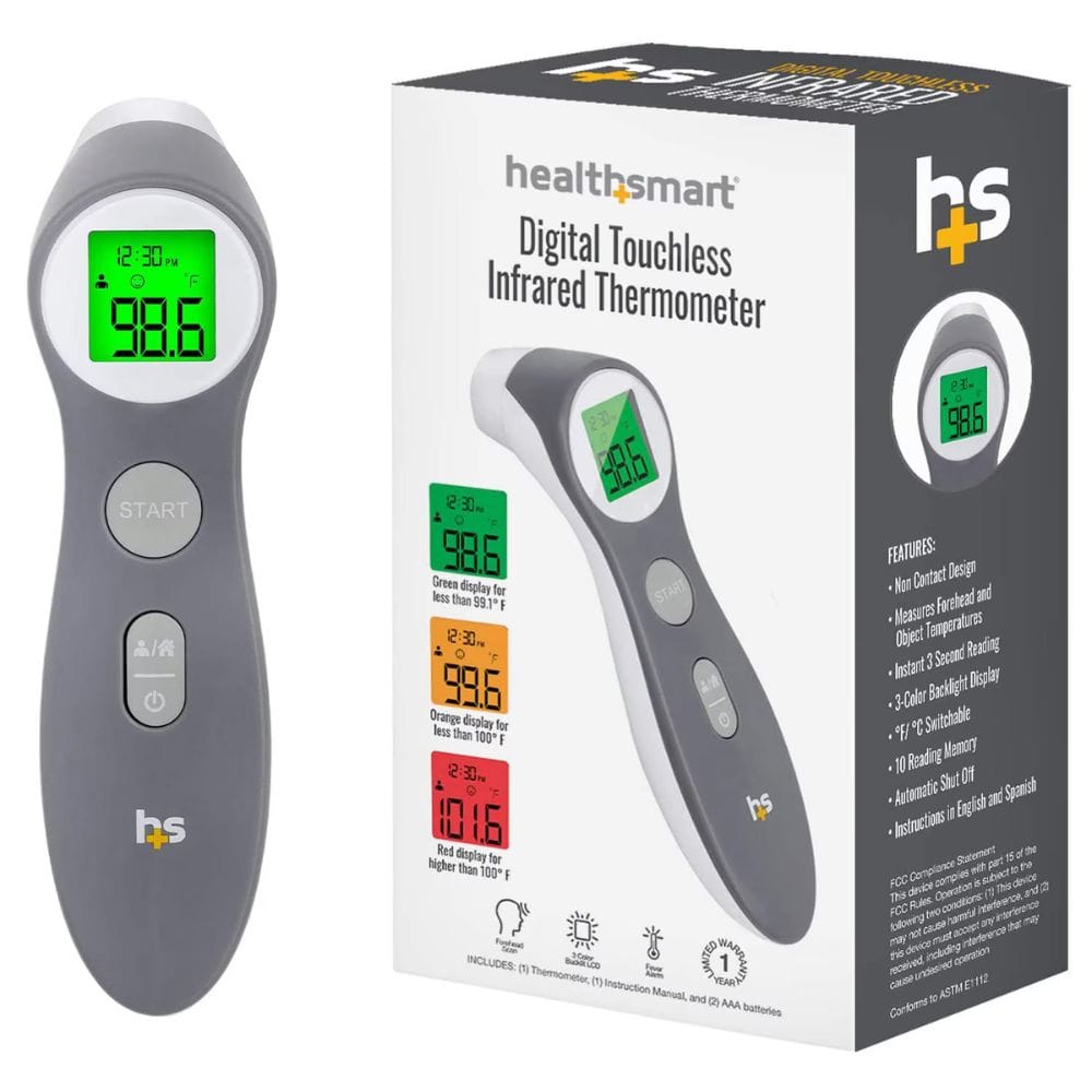 Digital touchless infrared thermometer with packaging displaying 'healthsmart' branding.