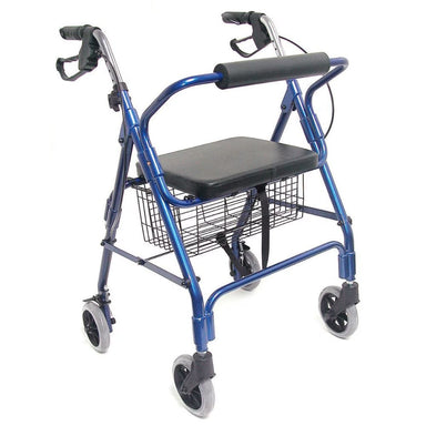 Blue walker with a seat and basket on a white background
