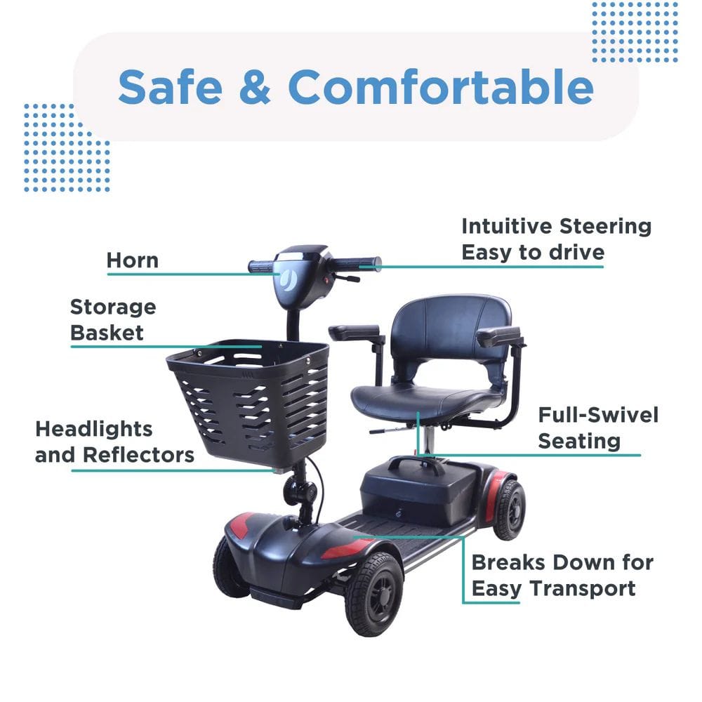 Mobility scooter with features highlighted on a white background