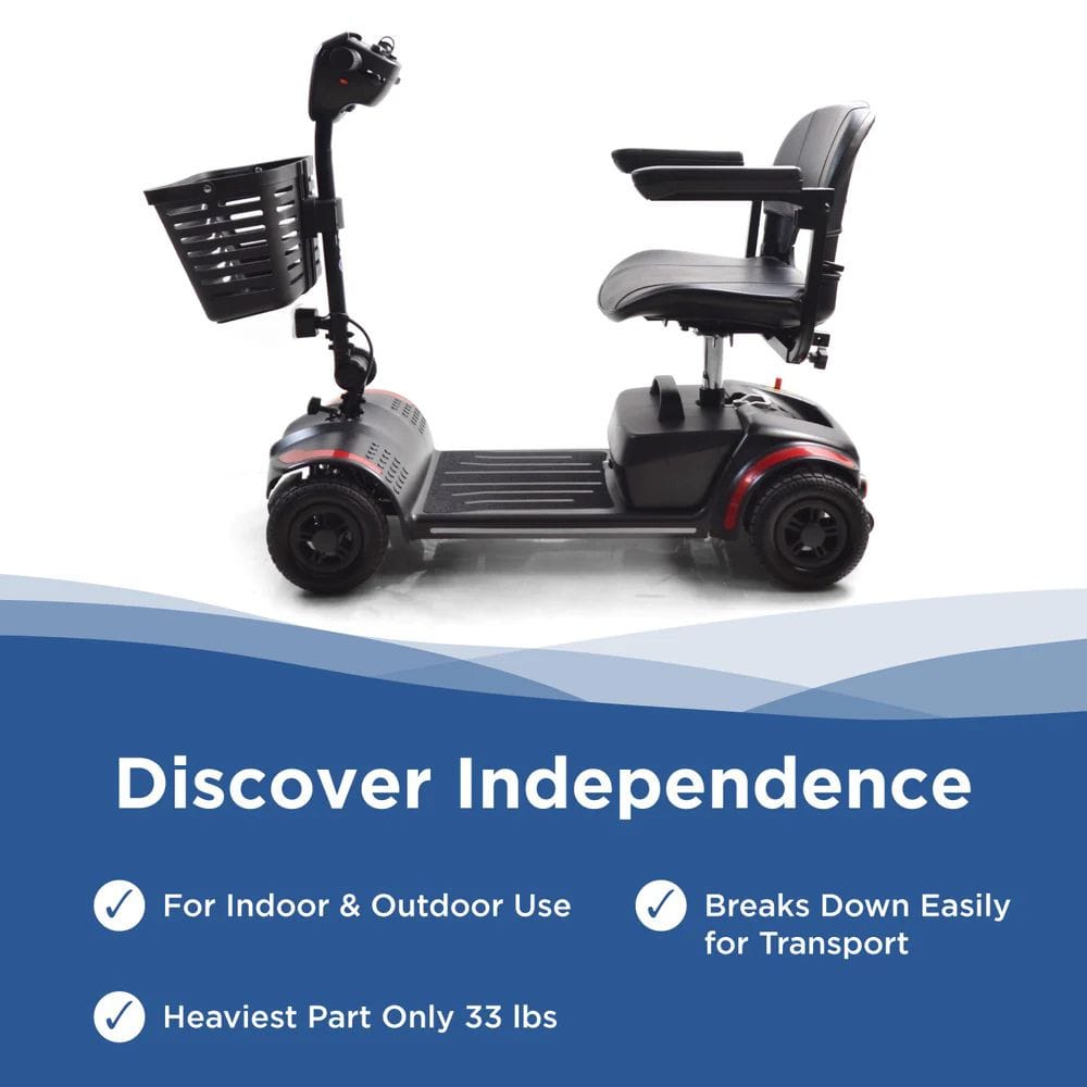 Mobility scooter with text highlighting features on a white background