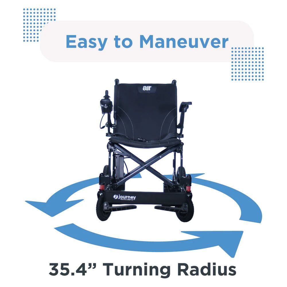 Black wheelchair with blue arrows indicating maneuverability on a white background