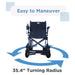 Black wheelchair with blue arrows indicating maneuverability on a white background