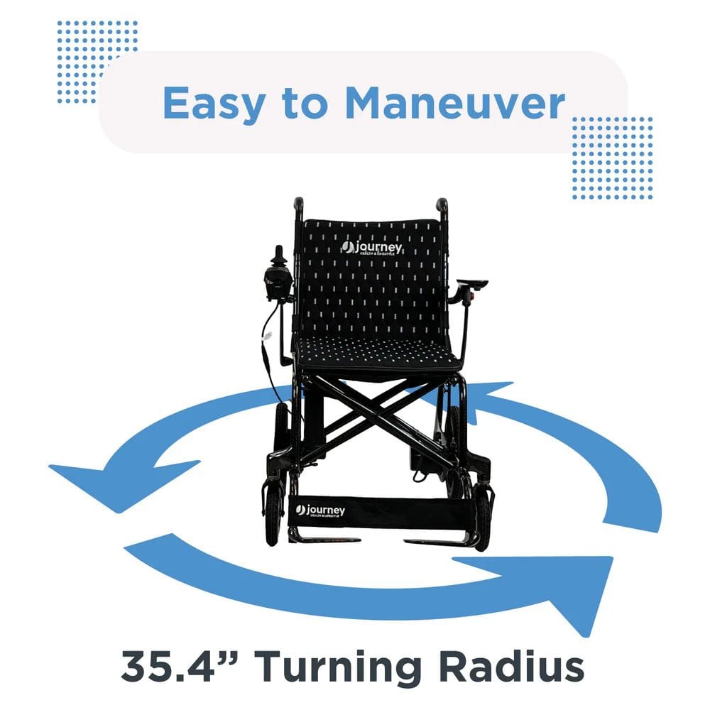 Black wheelchair with blue arrows indicating maneuverability on a white background