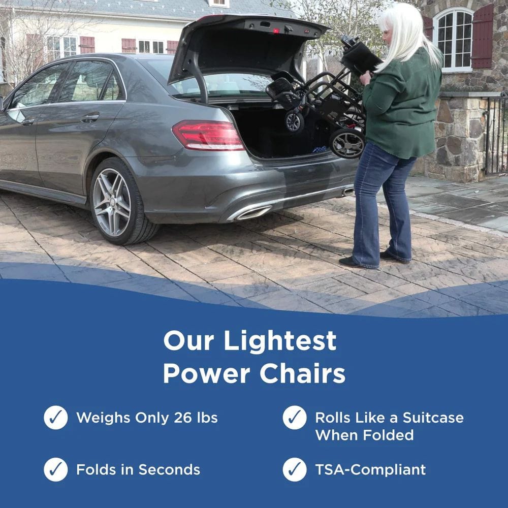 Person loading a power chair into a car with promotional text about the chair's features.