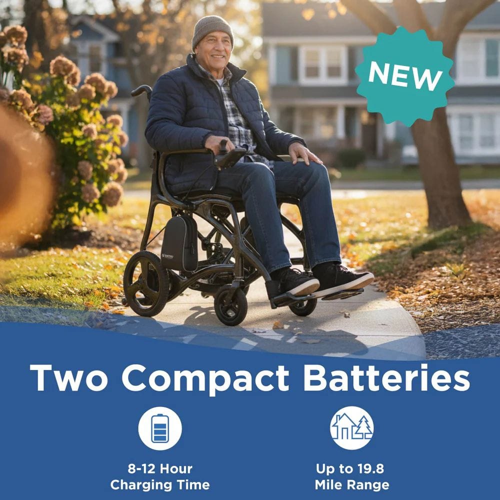 Man using a mobility scooter with text about compact batteries on a suburban street.