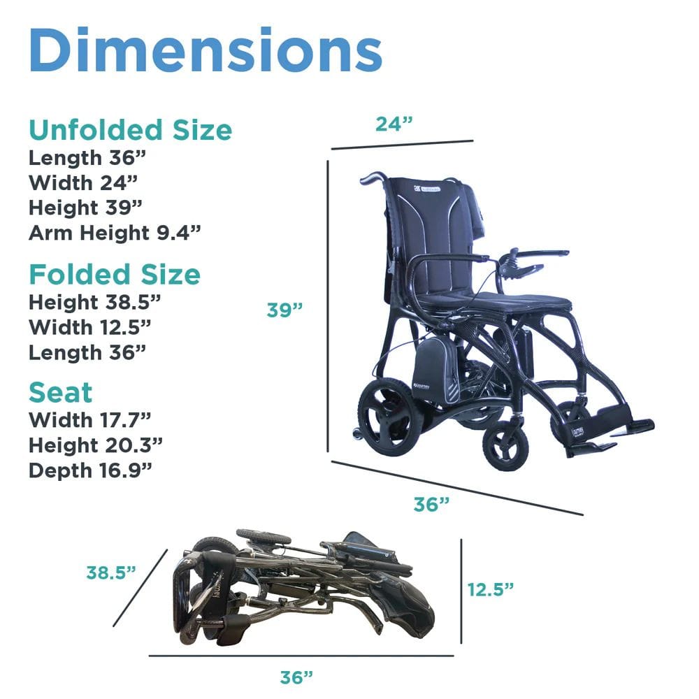 Wheelchair dimensions chart with unfolded and folded sizes displayed.