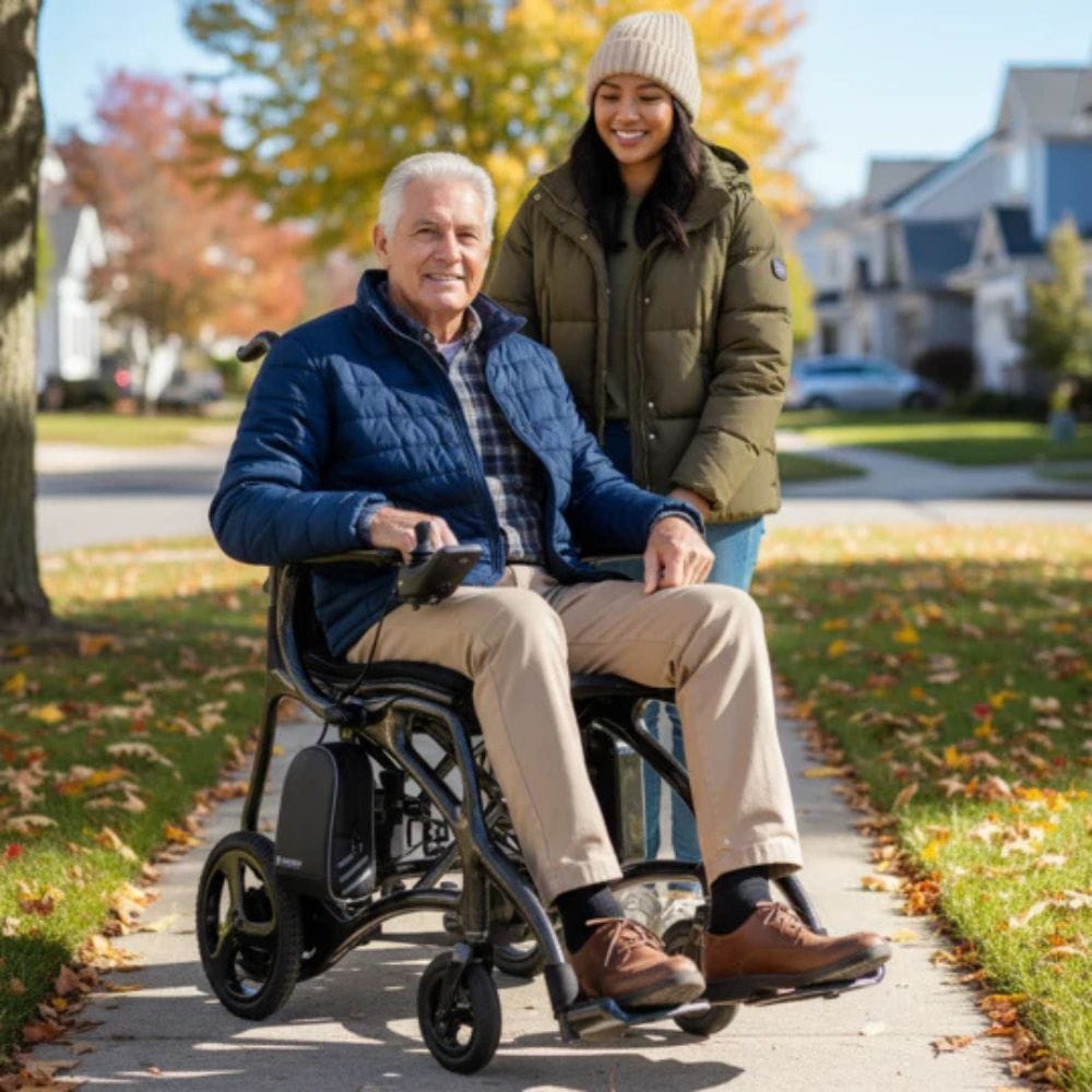 Man in a wheelchair being pushed by a woman on a sidewalk with autumn leaves and houses in the background