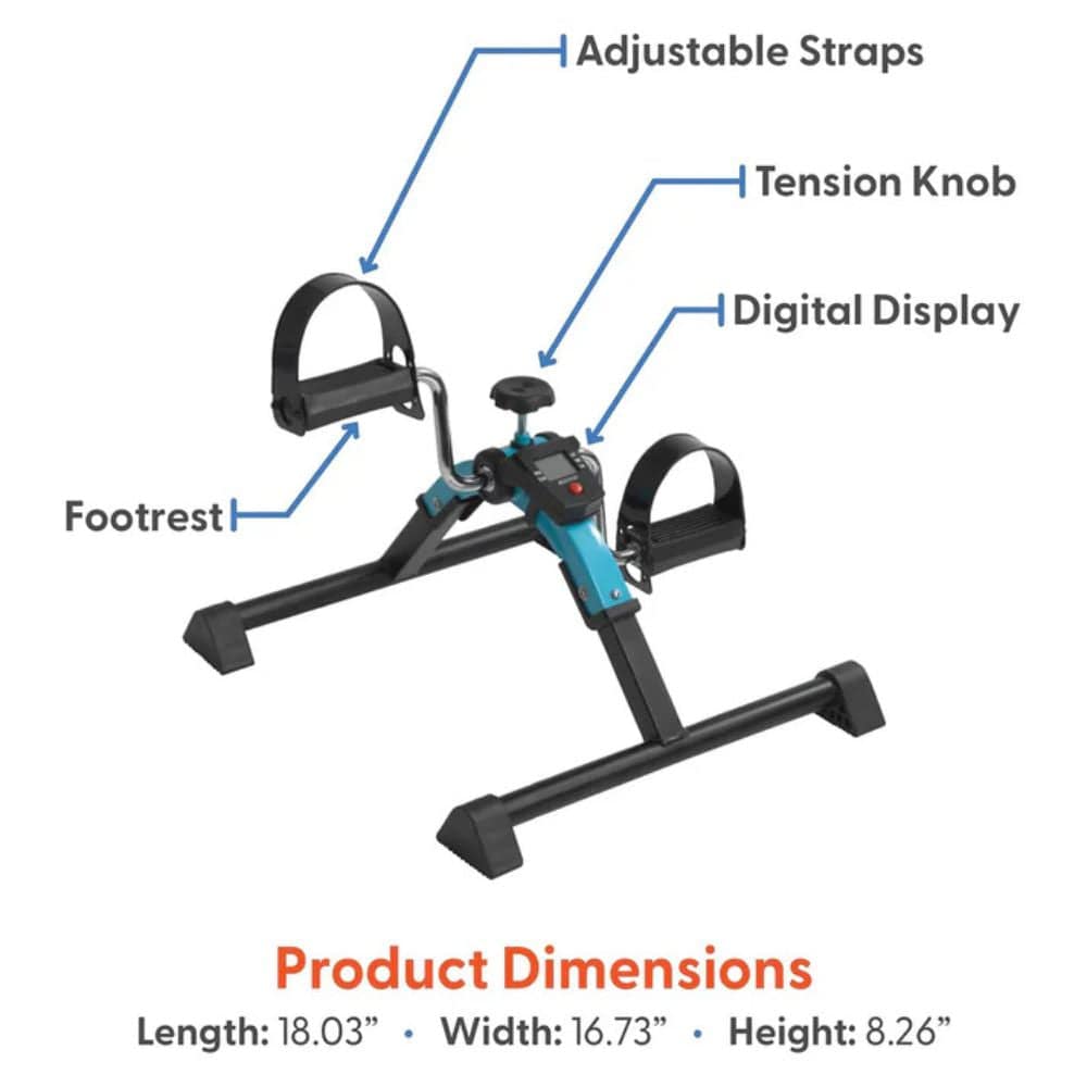 Mini bike trainer with labeled parts and product dimensions on a white background