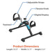 Mini bike trainer with labeled parts and product dimensions on a white background