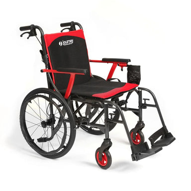 Black and red wheelchair with visible brand logo on a white background