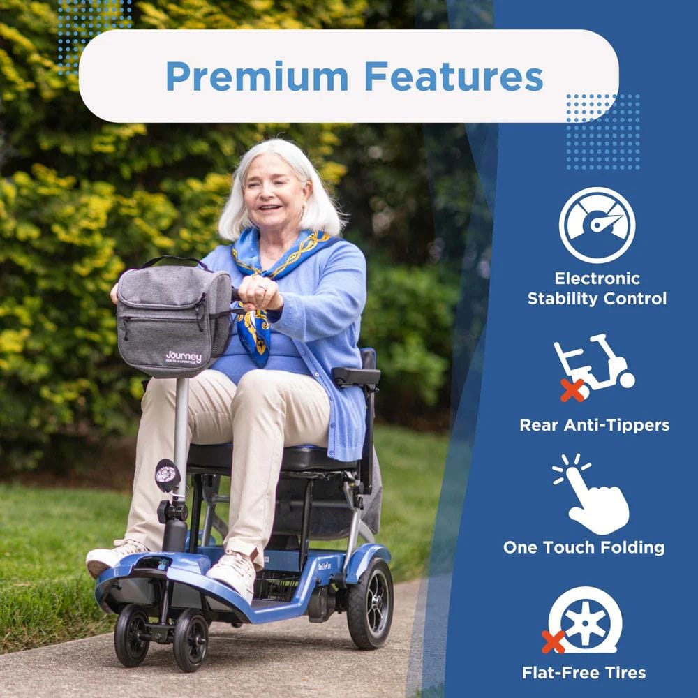 Woman using a mobility scooter with premium features highlighted on a blue background