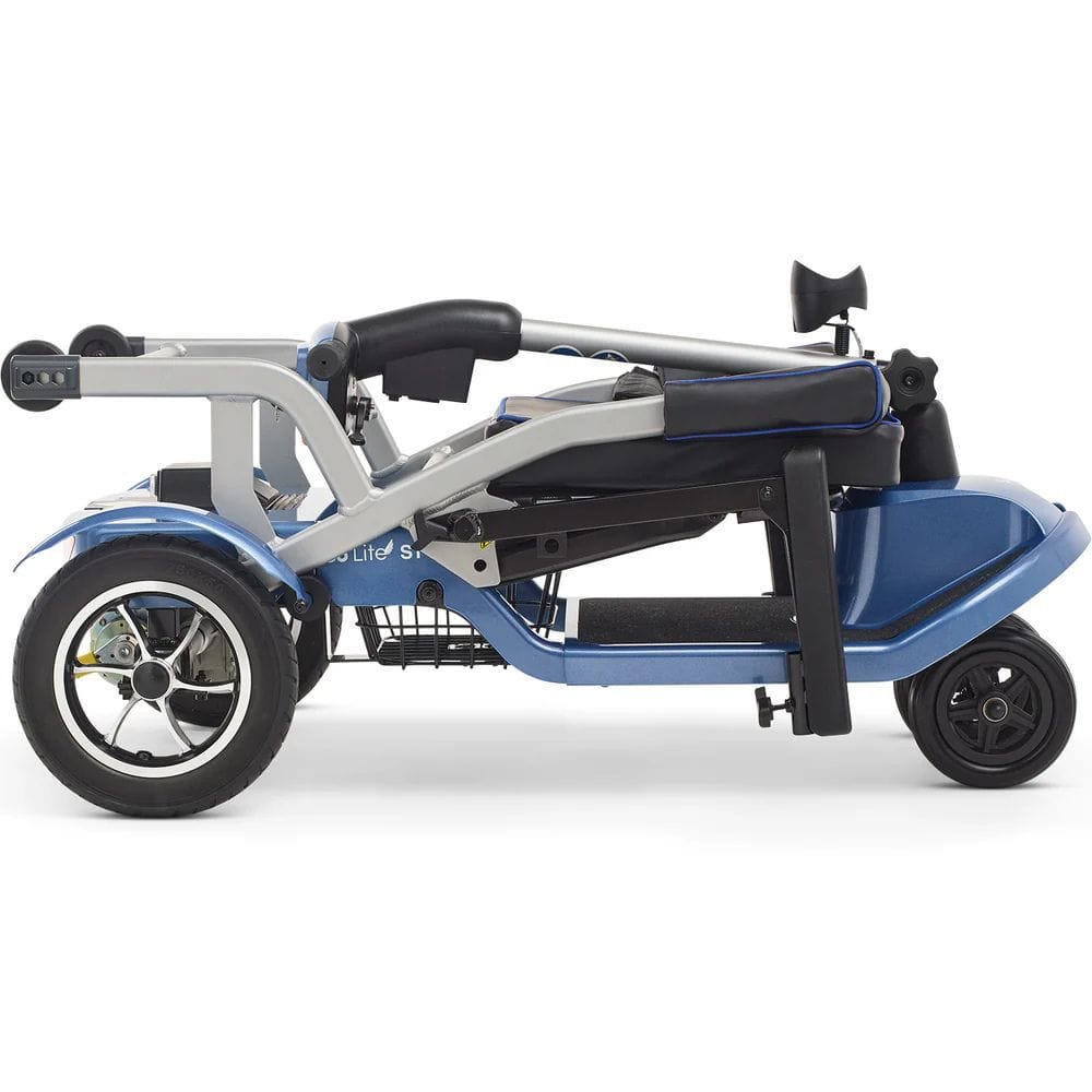 Blue and silver mobility scooter on a white background