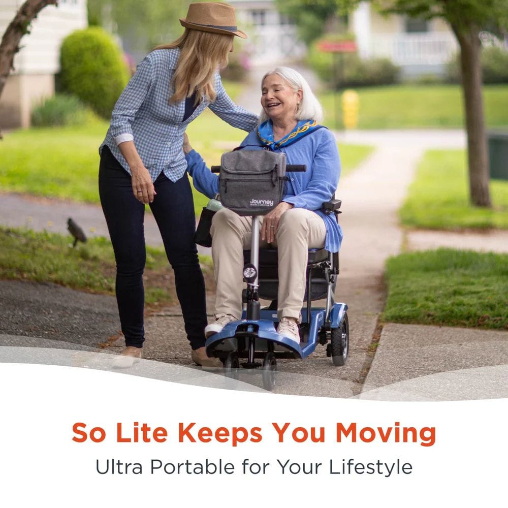 Woman pushing an elderly person in a mobility scooter with text 'So Lite Keeps You Moving' on a white background.