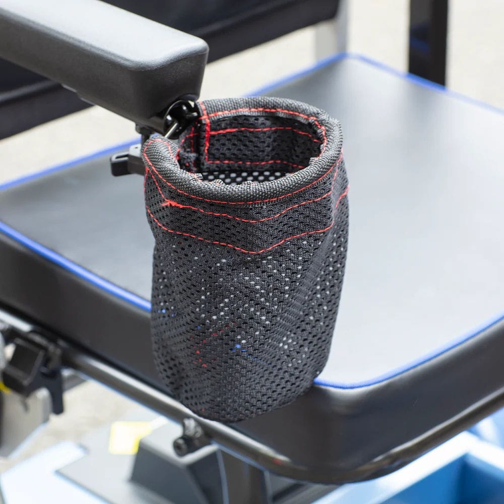 Black mesh cup holder with red stitching on a vehicle's cup holder tray.