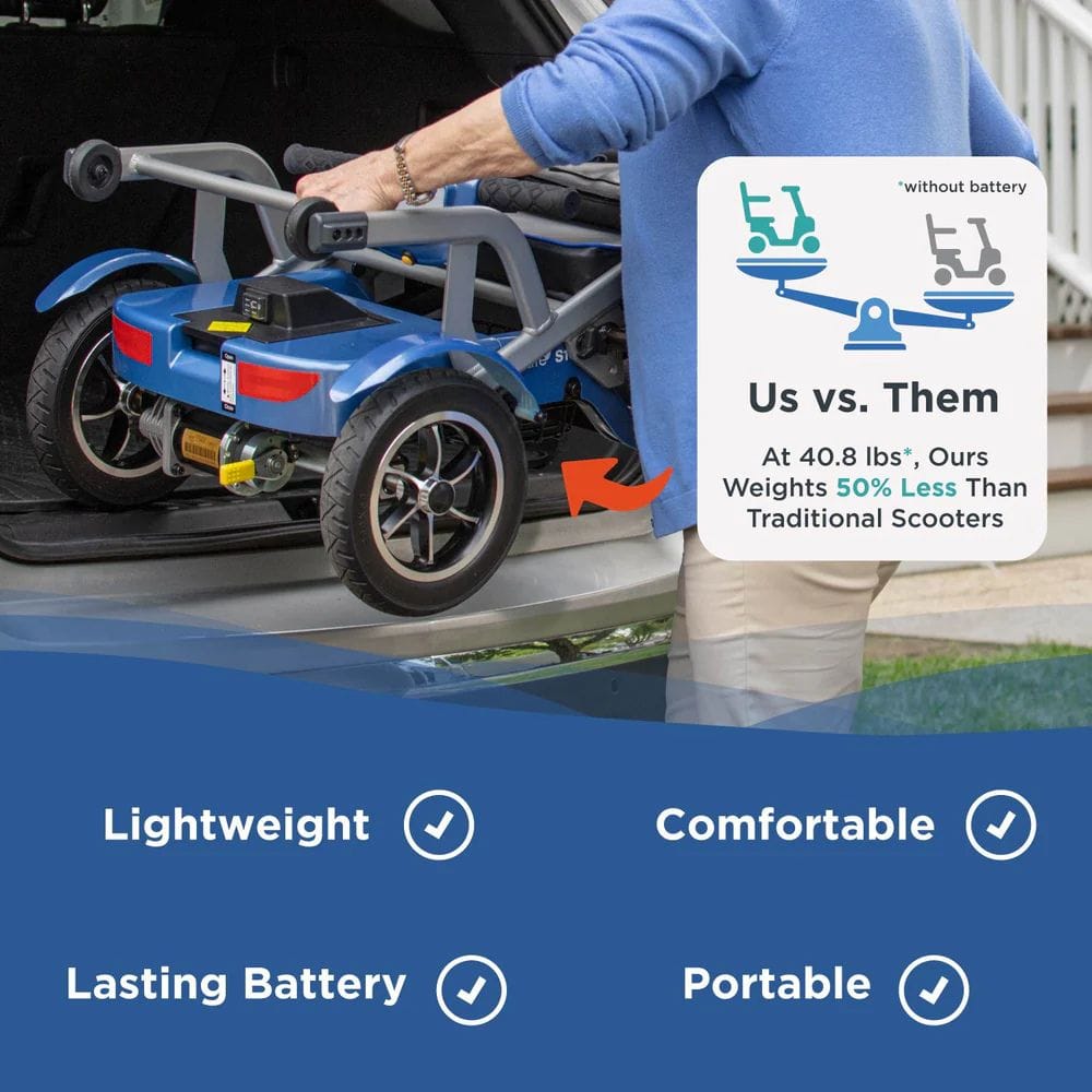 Person loading a lightweight scooter onto a car with product features highlighted.