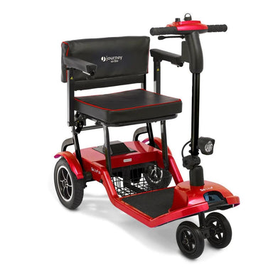 Red mobility scooter with black seat on a white background