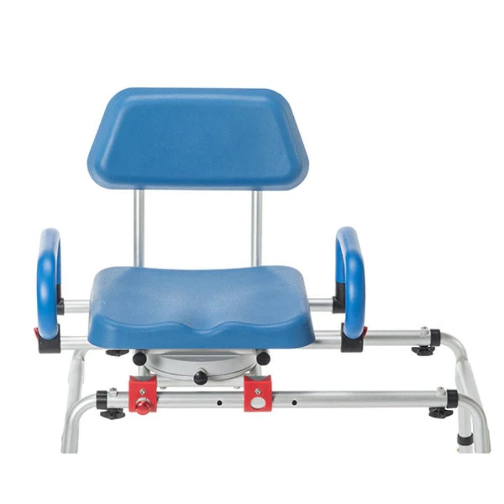 Blue exercise bike with a seat and handlebars on a white background