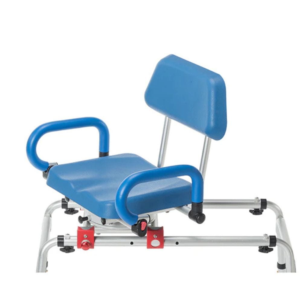 Blue medical examination chair with backrest and armrests on a white background