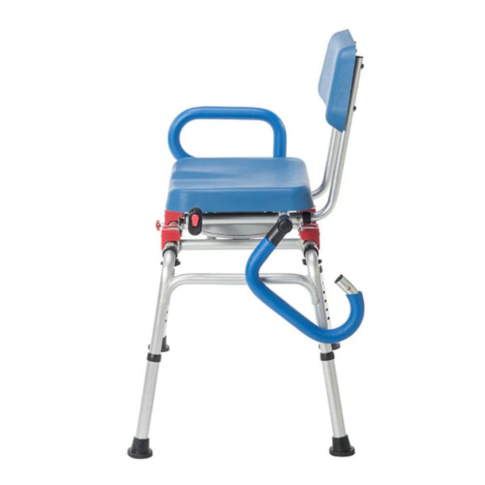 Blue and red adjustable stool with backrest on a white background