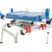 Blue seat on a mechanical device with metal frame and red connectors on a white background