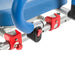 Close-up of a blue and silver exercise bike with red clamps on a white background