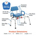 Blue shower chair with features labeled on a white background