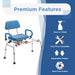 Blue and silver transfer bench with features listed on a blue and white background