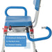 Blue and red adjustable chair with features highlighted on a white background