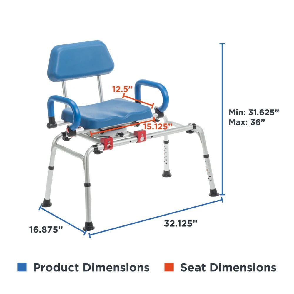 Blue shower chair with dimensions labeled on a white background