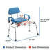 Blue shower chair with dimensions labeled on a white background