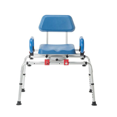 Blue and silver adjustable bath seat on a white background