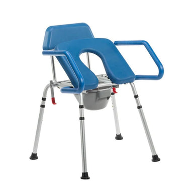 Blue commode chair with metal legs on a white background