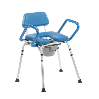 Blue commode chair with backrest and armrests on a white background