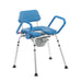 Blue commode chair with backrest and armrests on a white background