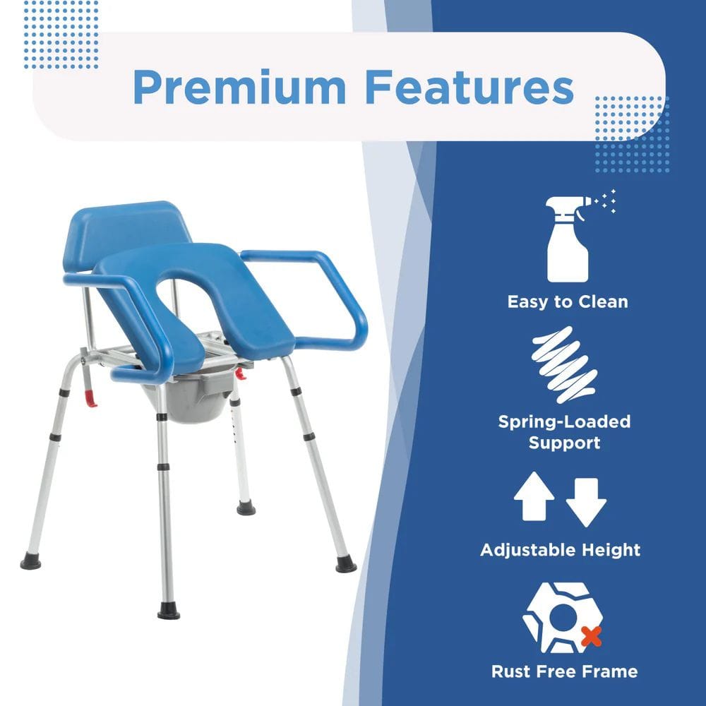 Blue medical chair with features listed on a blue and white background