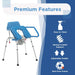 Blue medical chair with features listed on a blue and white background