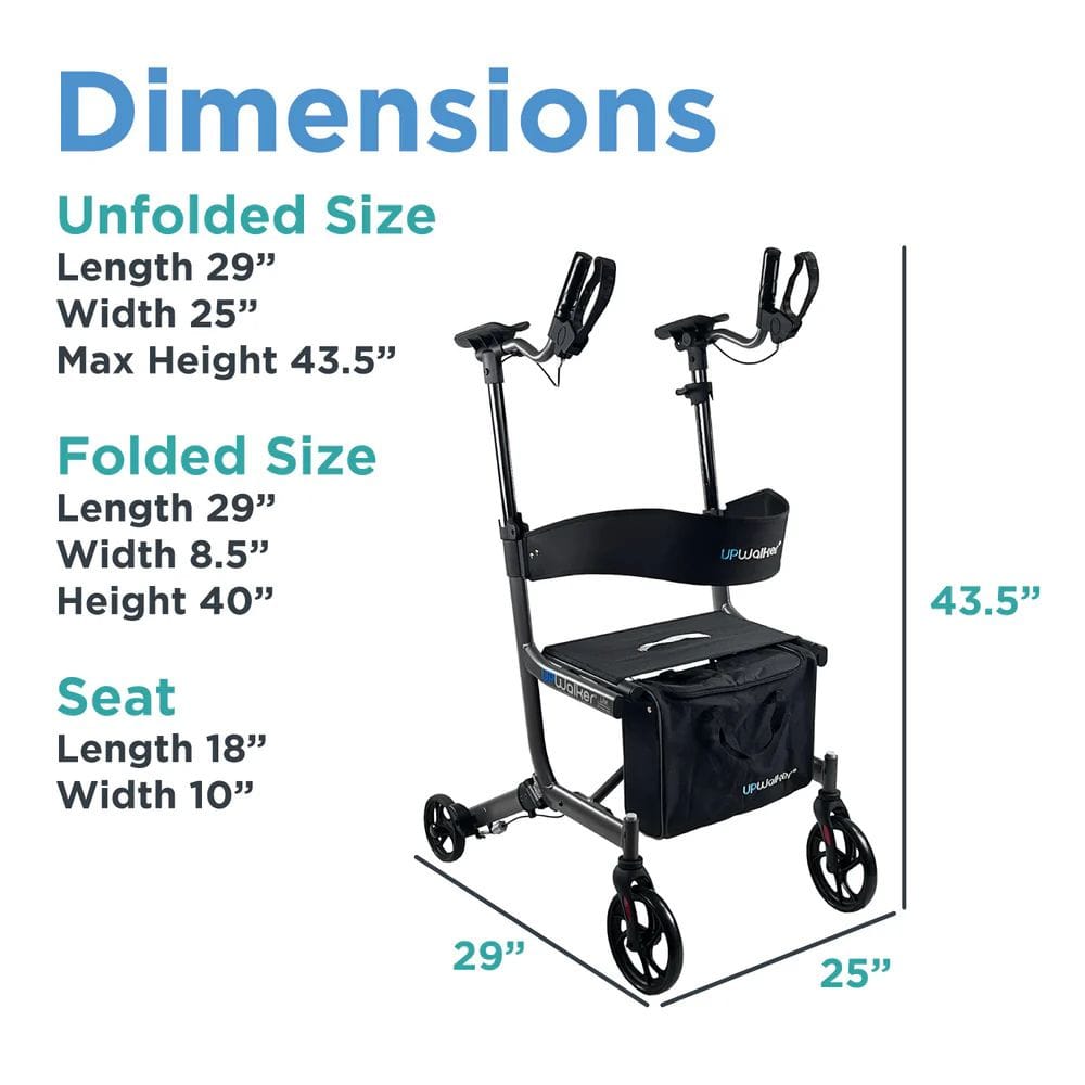 Measurement chart of a folded and unfolded walker with dimensions.