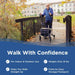 Man using a walker with text about its features on a blue banner