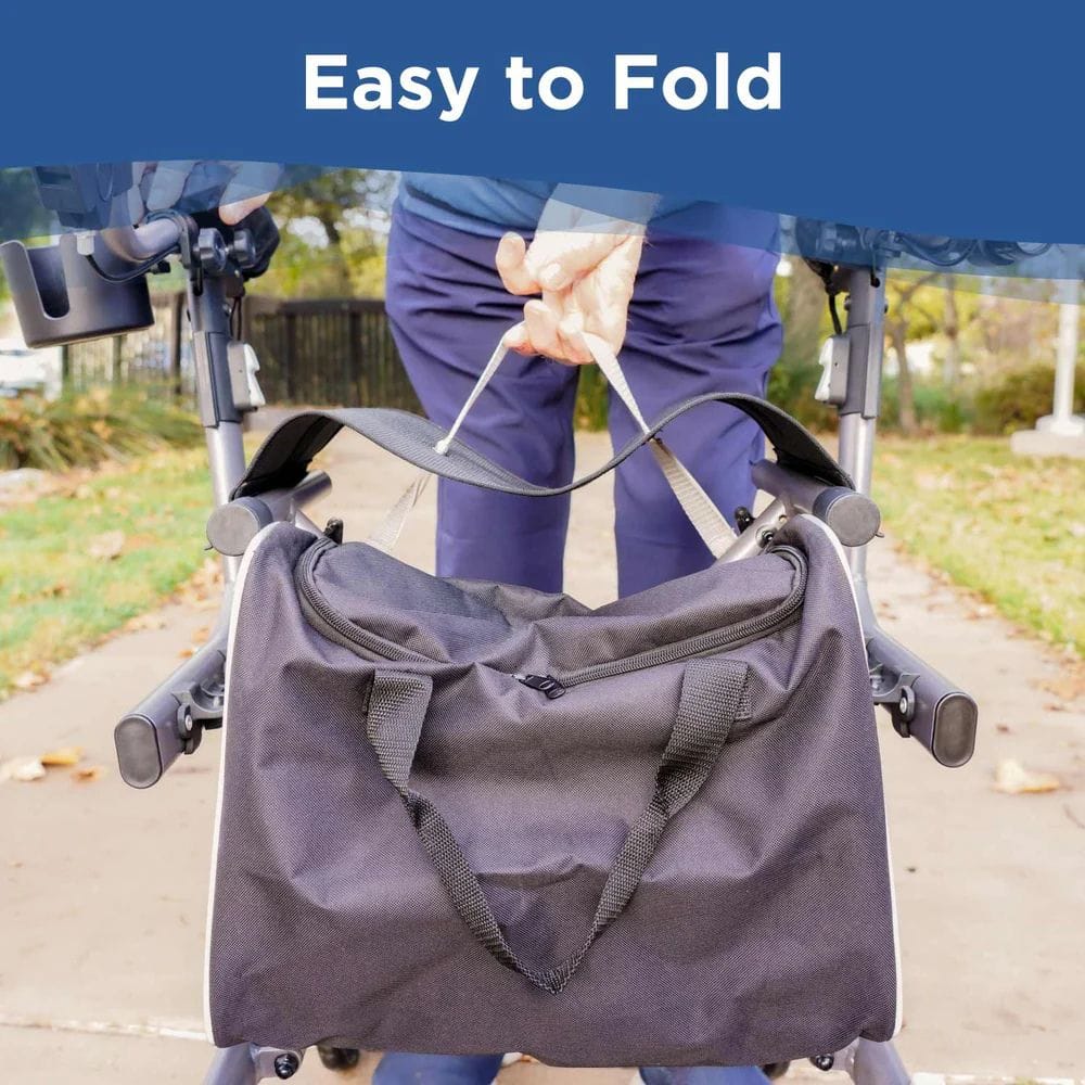 Person folding a stroller with a blue background and text 'Easy to Fold'.