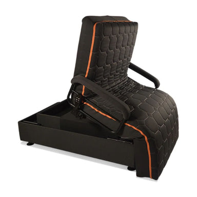 Black gaming chair with orange accents on a white background