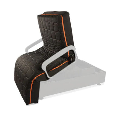Black and gray gaming chair with orange accents on a white background