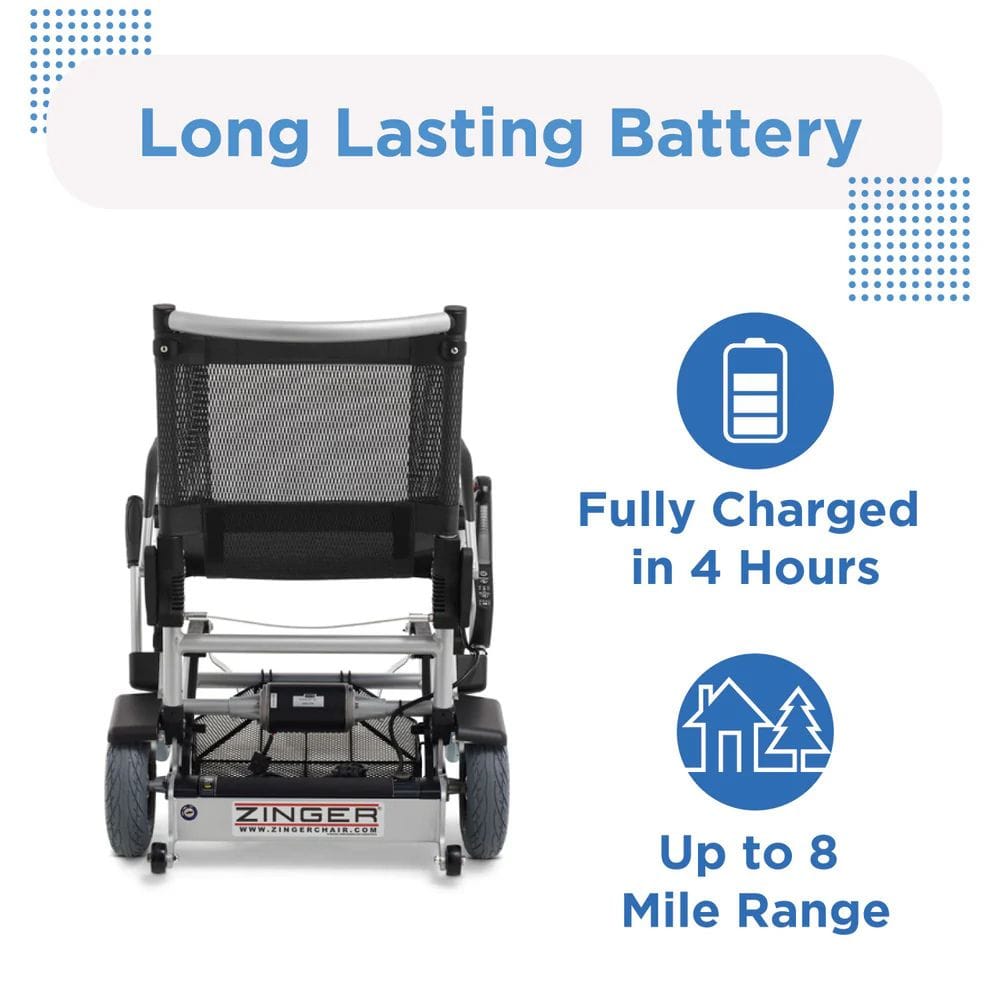 Electric wheelchair with long-lasting battery features on a white background