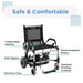 Black electric wheelchair with safety features highlighted on a white background