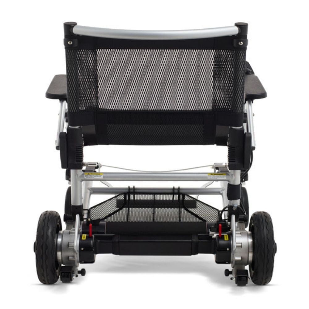 Back view of a black and silver electric wheelchair on a white background