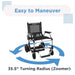 Wheelchair with text 'Easy to Maneuver' and '35.5" Turning Radius (Zoomer)' on a white background