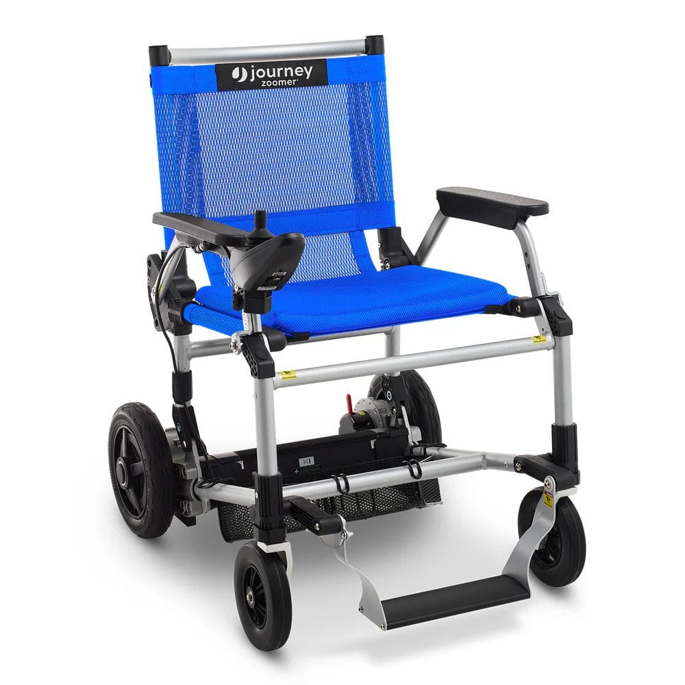 Blue and silver mobility chair with 'journey zoomer' branding on a white background